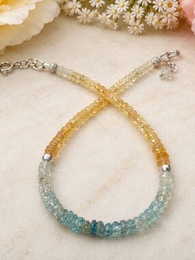 New Handcrafted Blue Zircon & Yellow Sapphire Bracelet | 14K White Gold